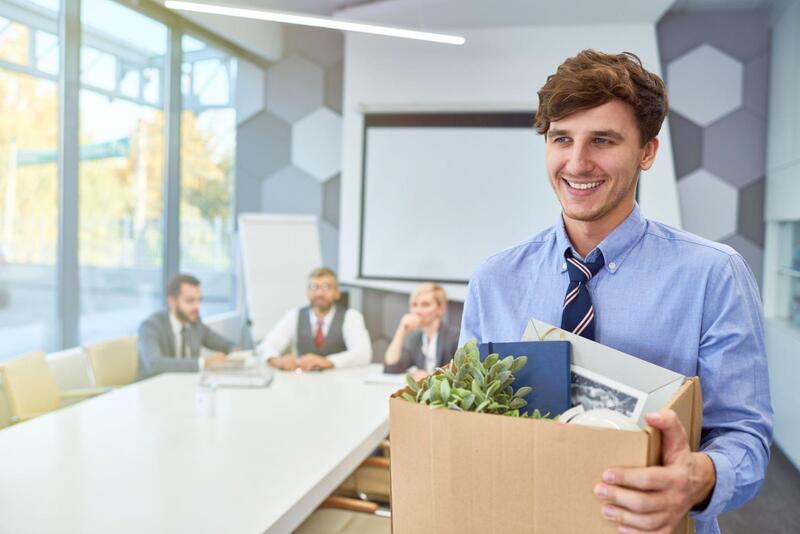 An employee happily leaving after a successful exit interview